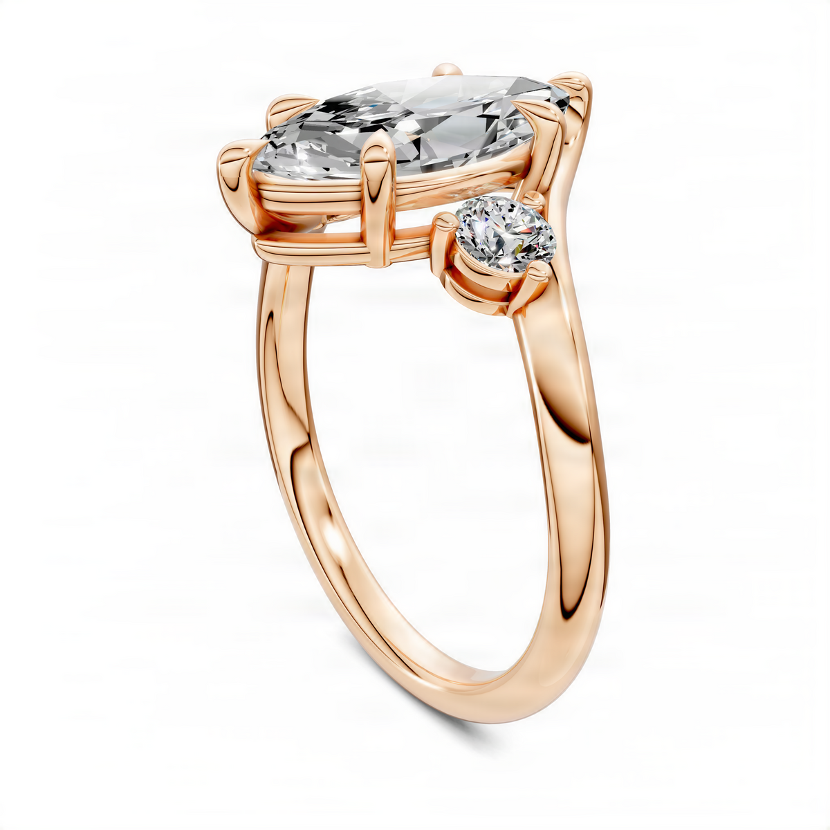 Rose gold three-stone bypass ring featuring a marquise center stone and round side stones