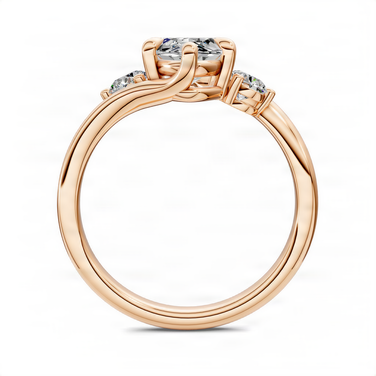 Rose gold marquise three-stone bypass ring with round side stones and polished band
