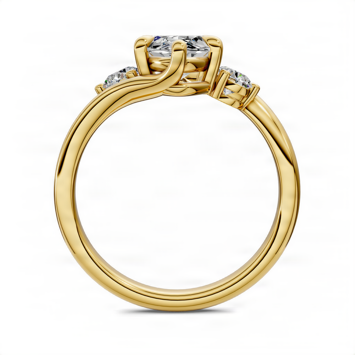 Yellow gold marquise three-stone bypass ring with round side stones and curved band