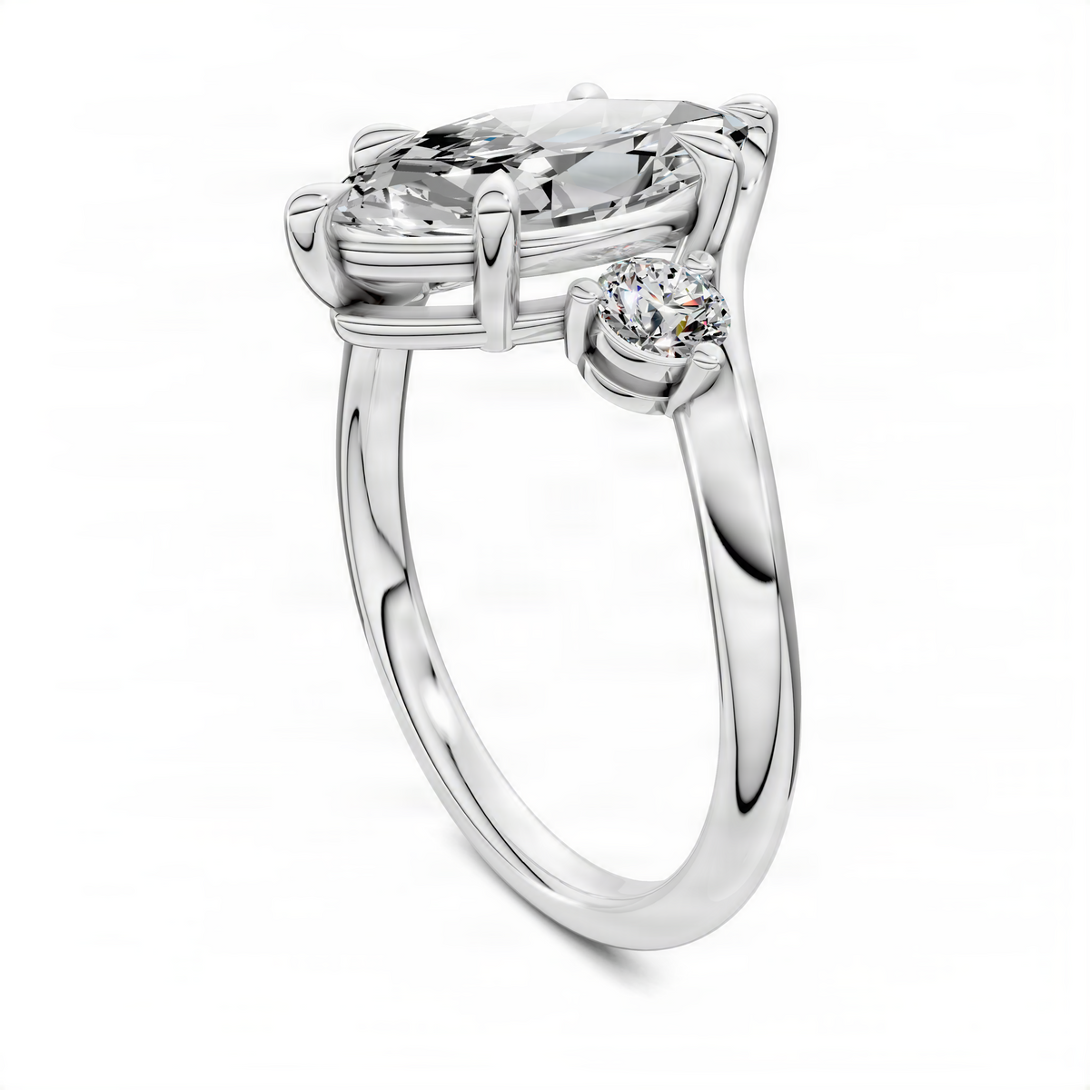 Platinum three-stone bypass ring with marquise center stone and round side stone