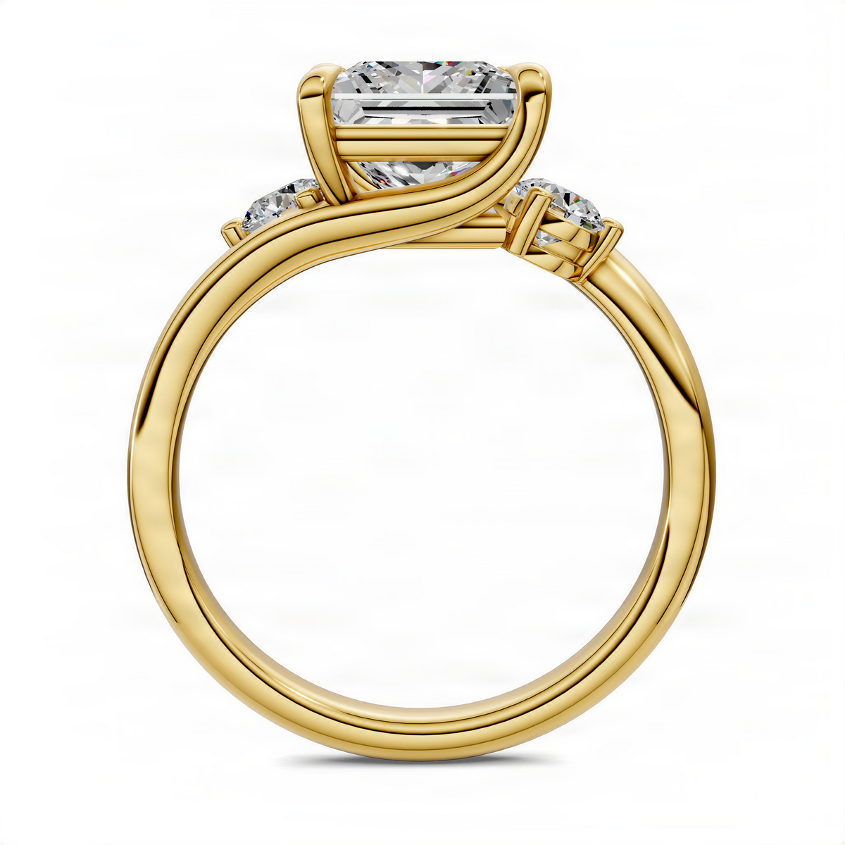 14K yellow gold bypass three-stone ring with rectangular center and round side stones