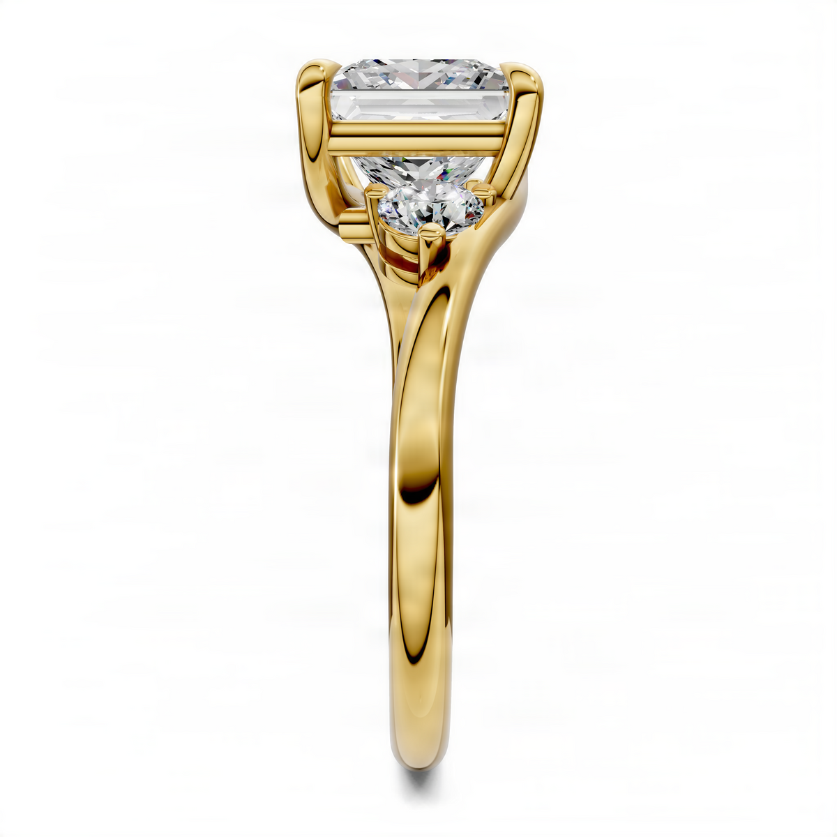 14K yellow gold bypass three-stone ring with rectangular center and round side stones