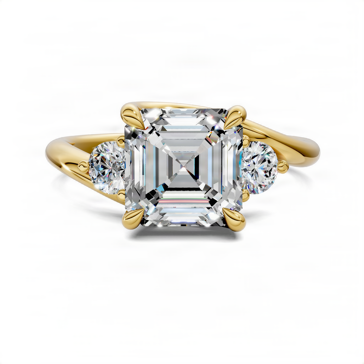 Three-stone bypass ring with asscher-cut center, round side stones, gold tone