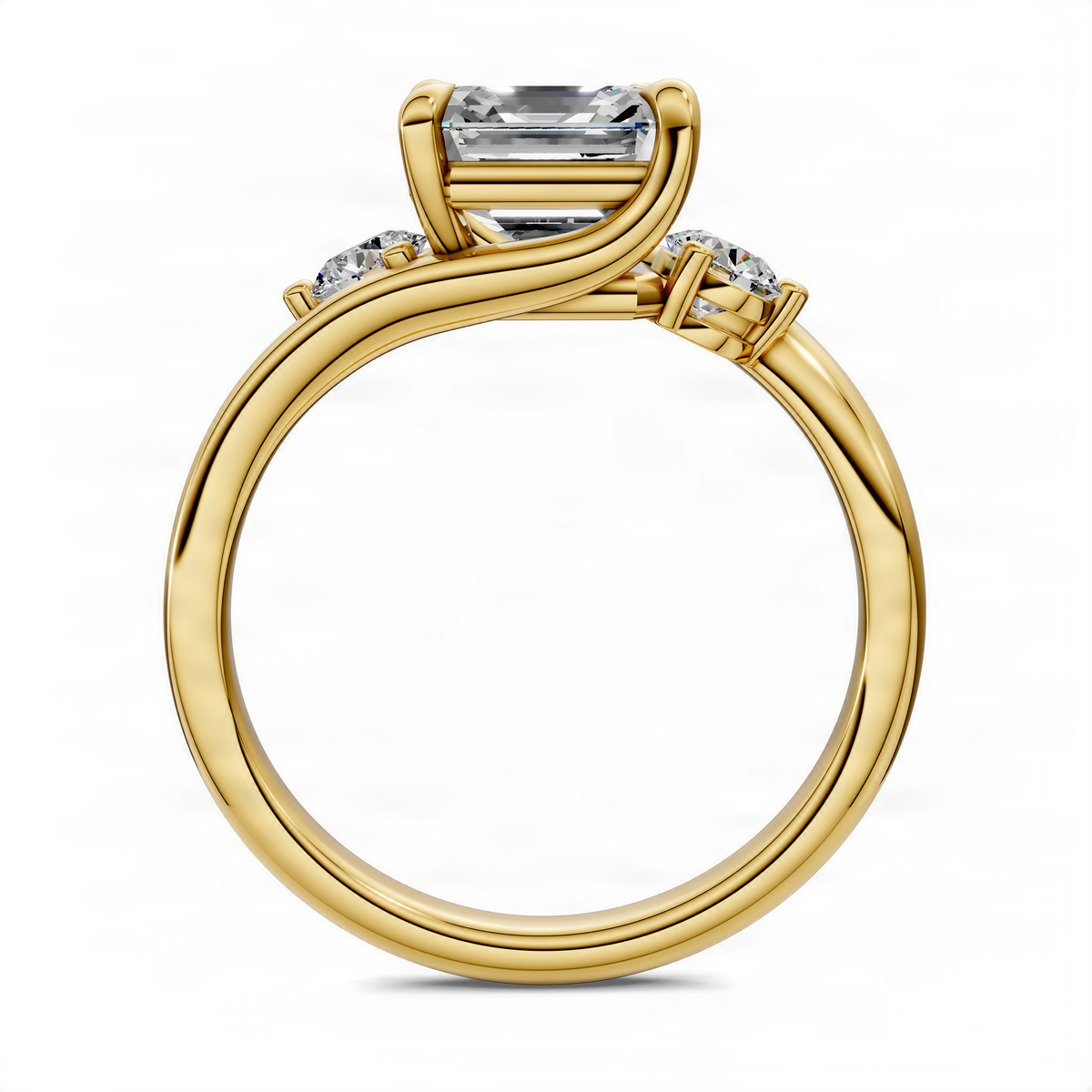 18K yellow gold bypass three-stone ring side view with Asscher-style center and round accents