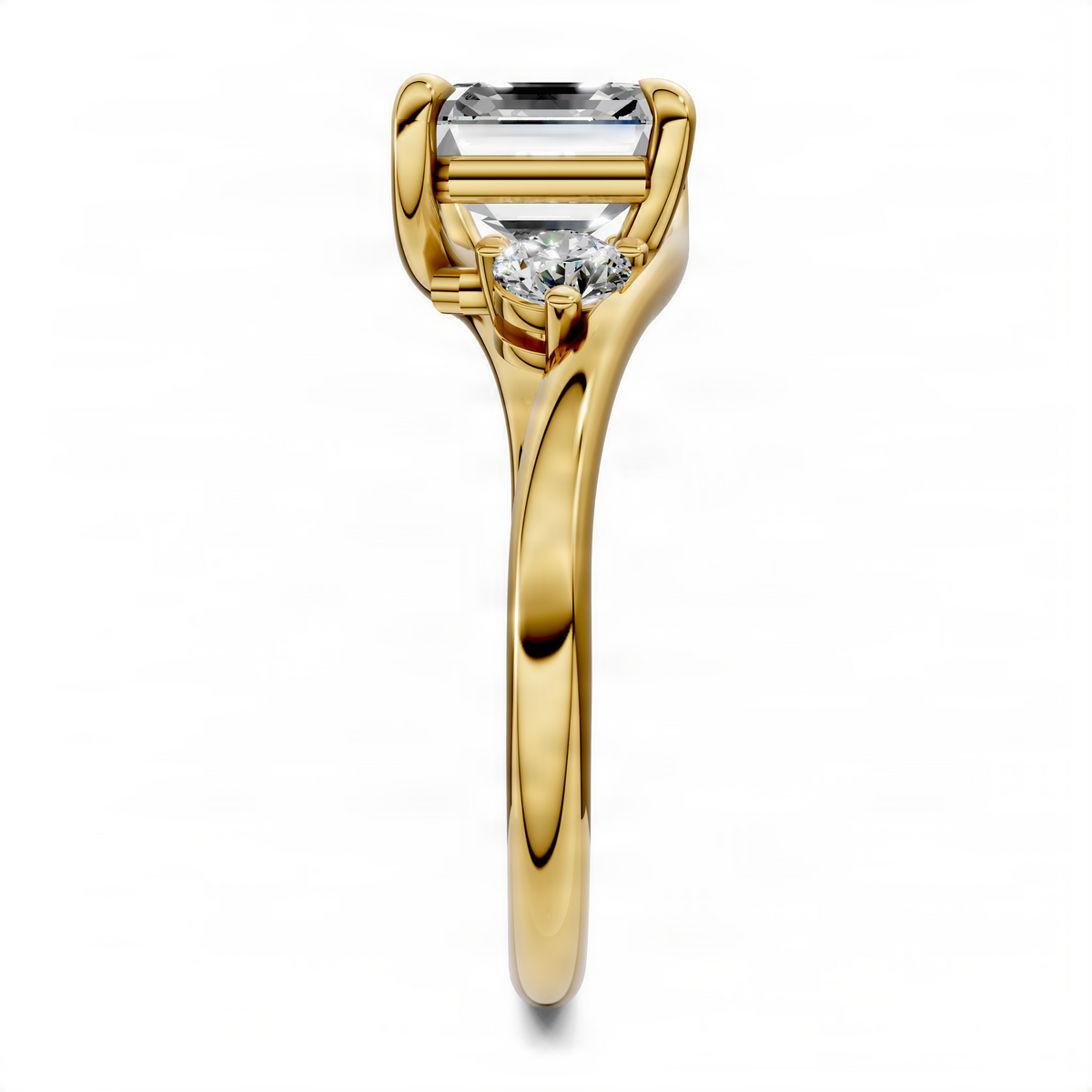 14K yellow gold bypass three-stone ring with Asscher-style center and two round side stones