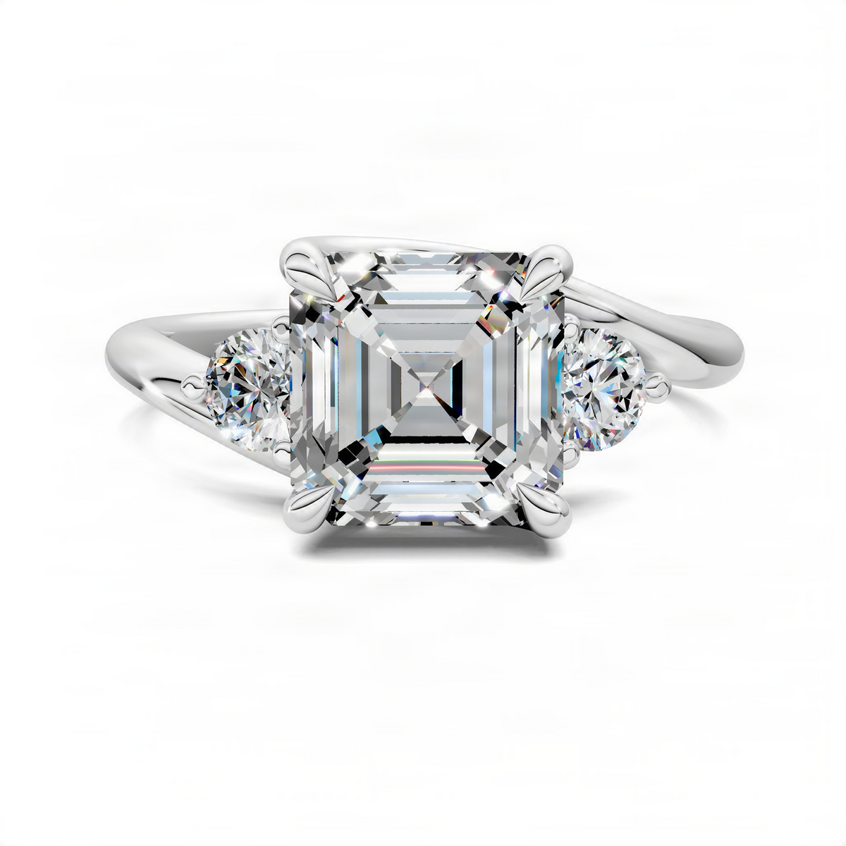 Platinum bypass three-stone ring with Asscher-style center and two round side stones