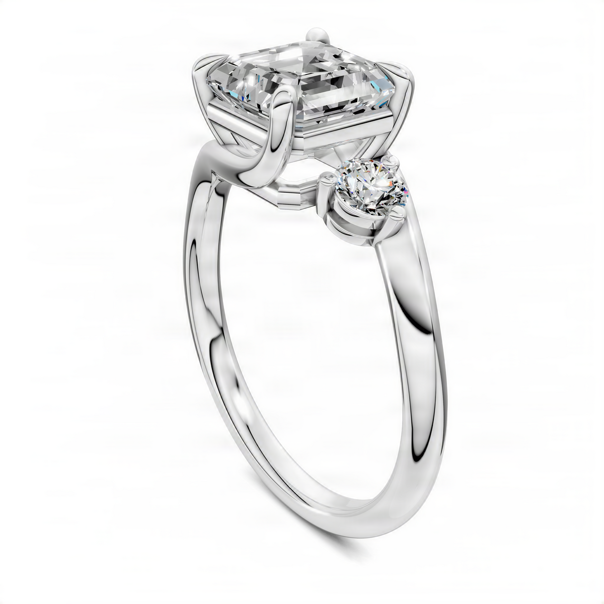 Platinum bypass three-stone ring angled view, Asscher-style center and round side stones