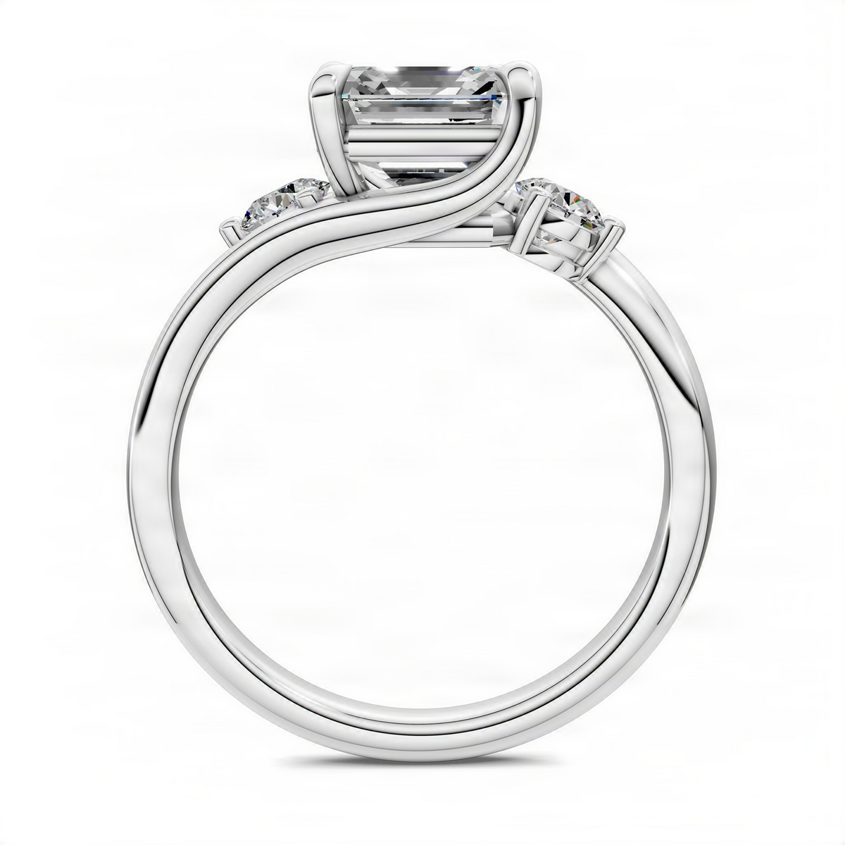 Three-stone bypass ring with asscher-cut center, baguette side stones, platinum tone