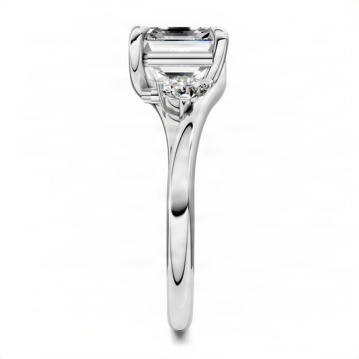 Platinum bypass three-stone ring with Asscher-style center and two side round stones