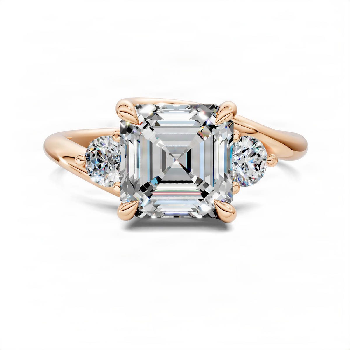 14K rose gold three-stone bypass ring with Asscher-style center and round side stones