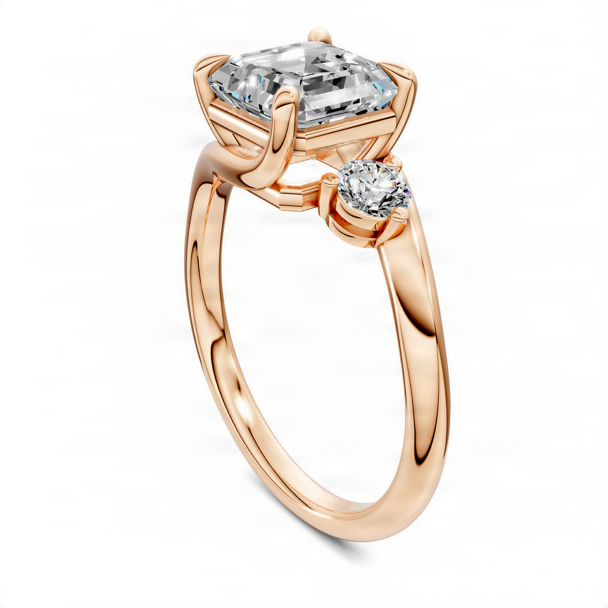 14K rose gold bypass three-stone ring, Asscher-style center with two bezel-set rounds