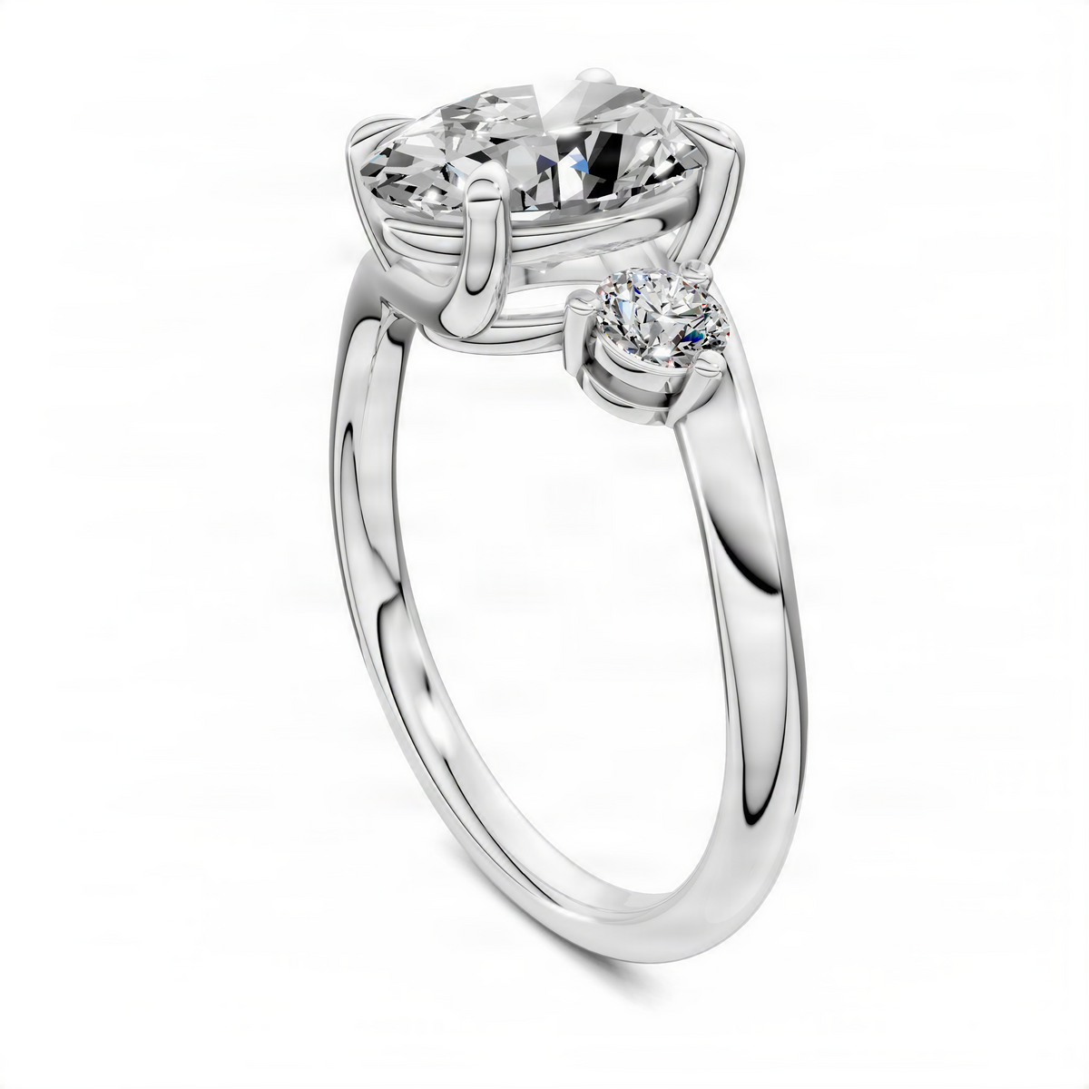 Oval bypass three-stone ring side view, large oval center with two round side diamonds, white metal