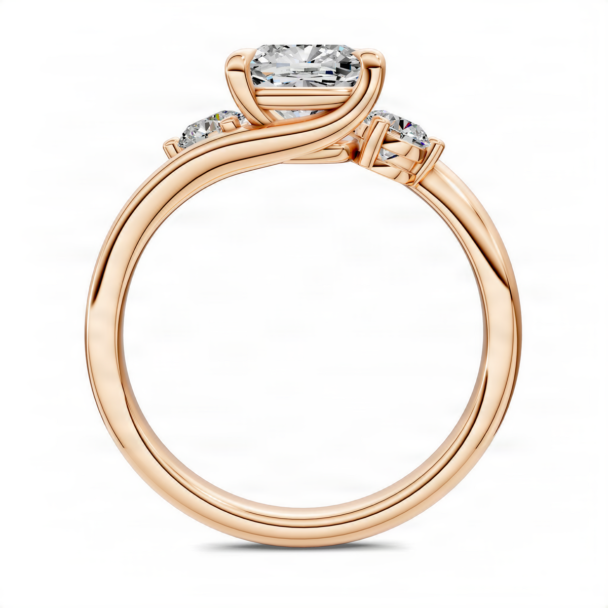 Rose gold bypass three-stone ring with cushion center and small round side stones