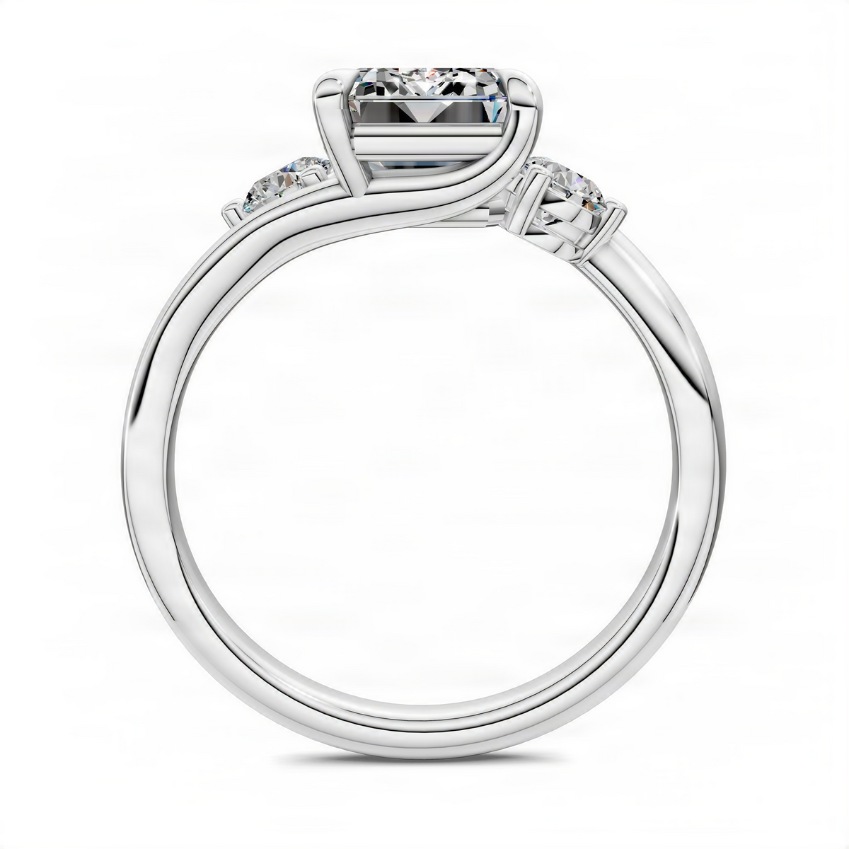 Three-stone bypass ring with emerald-cut center stone and round side stones, front view