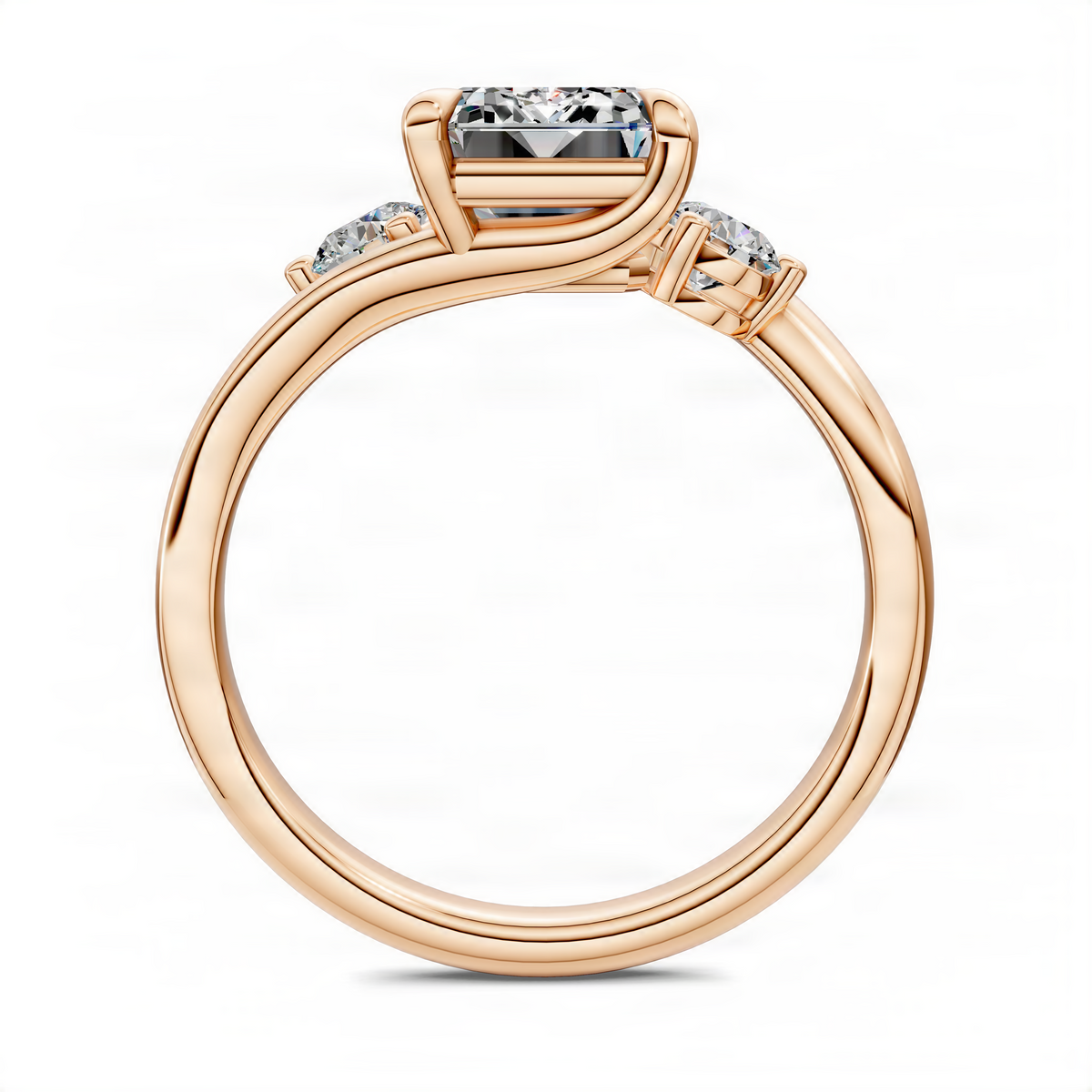 Three-stone bypass ring in rose gold with emerald-cut center stone and round side stones