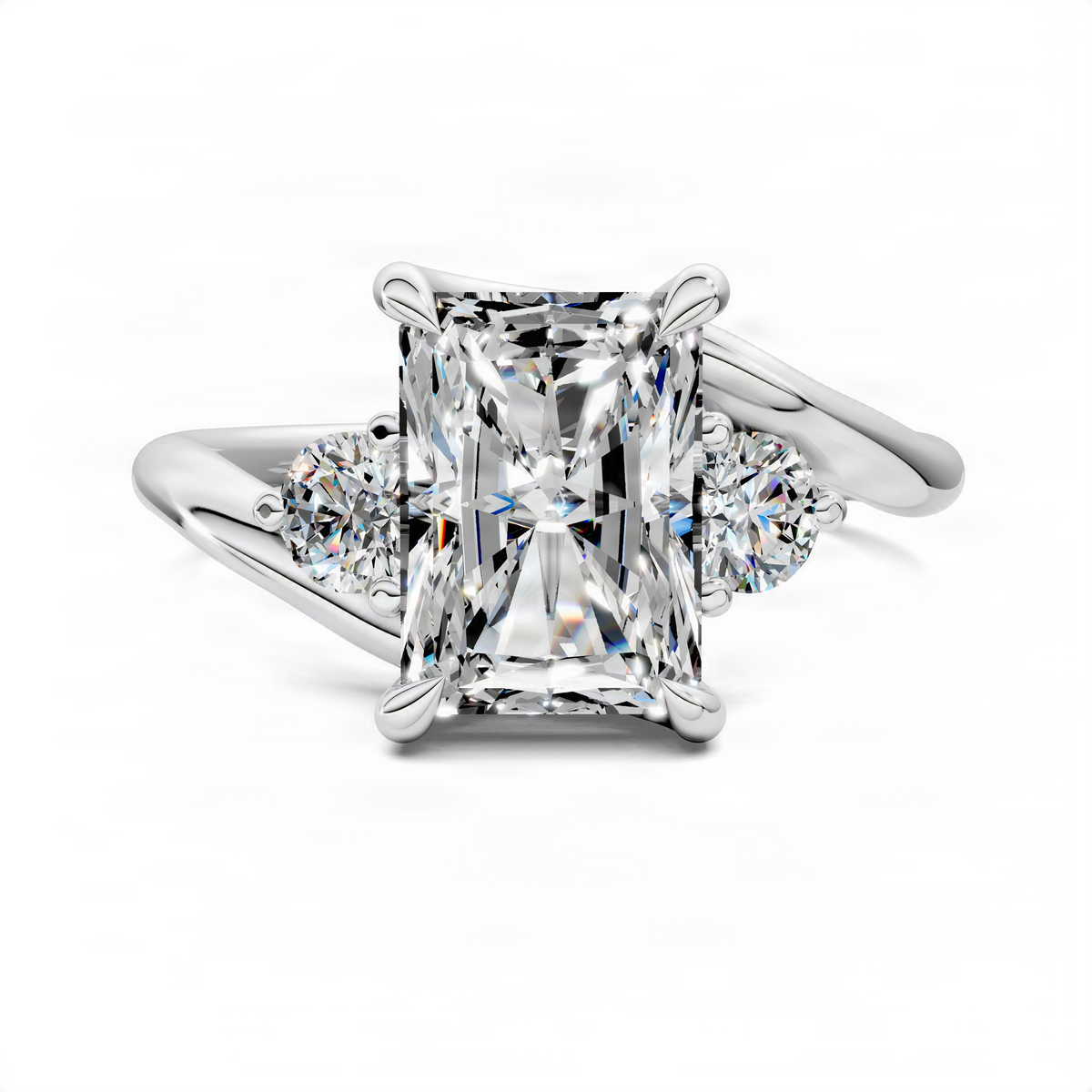 Three-stone bypass ring with square-cut center and round side stones, white gold