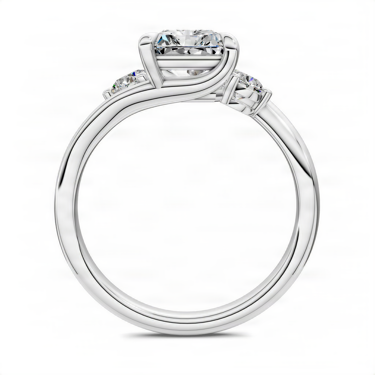 Three-stone bypass ring side view with raised bypass shank and square-cut center, white gold