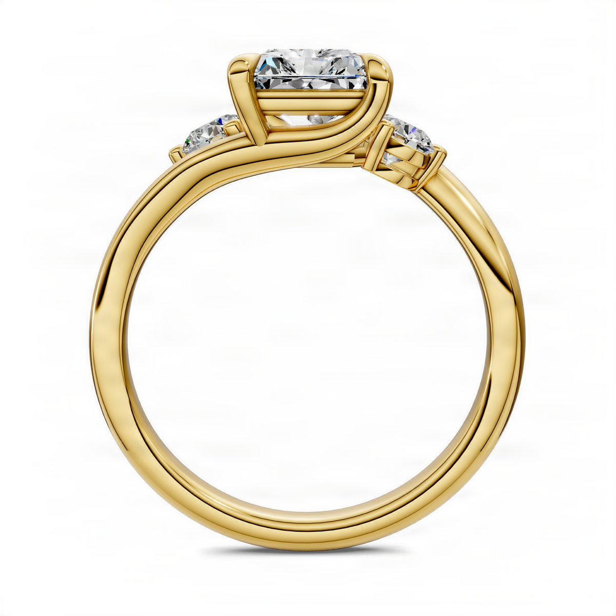 Three-stone bypass ring side view with square-cut center and round accents, yellow gold