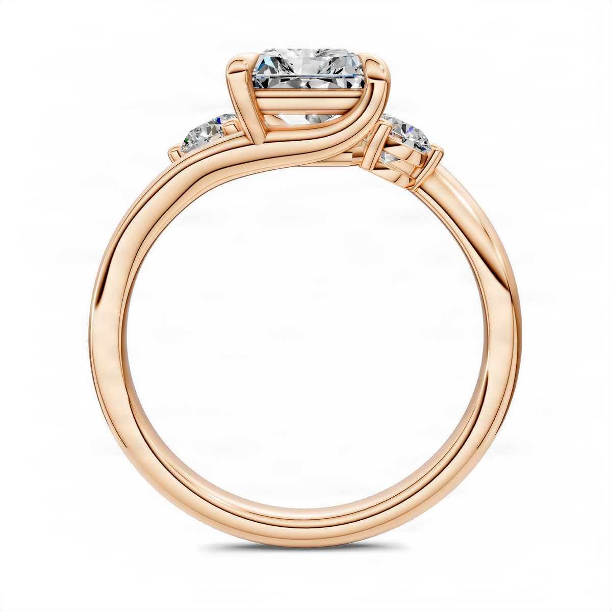 Three-stone bypass ring front view with square-cut center and curved bypass shank, rose gold