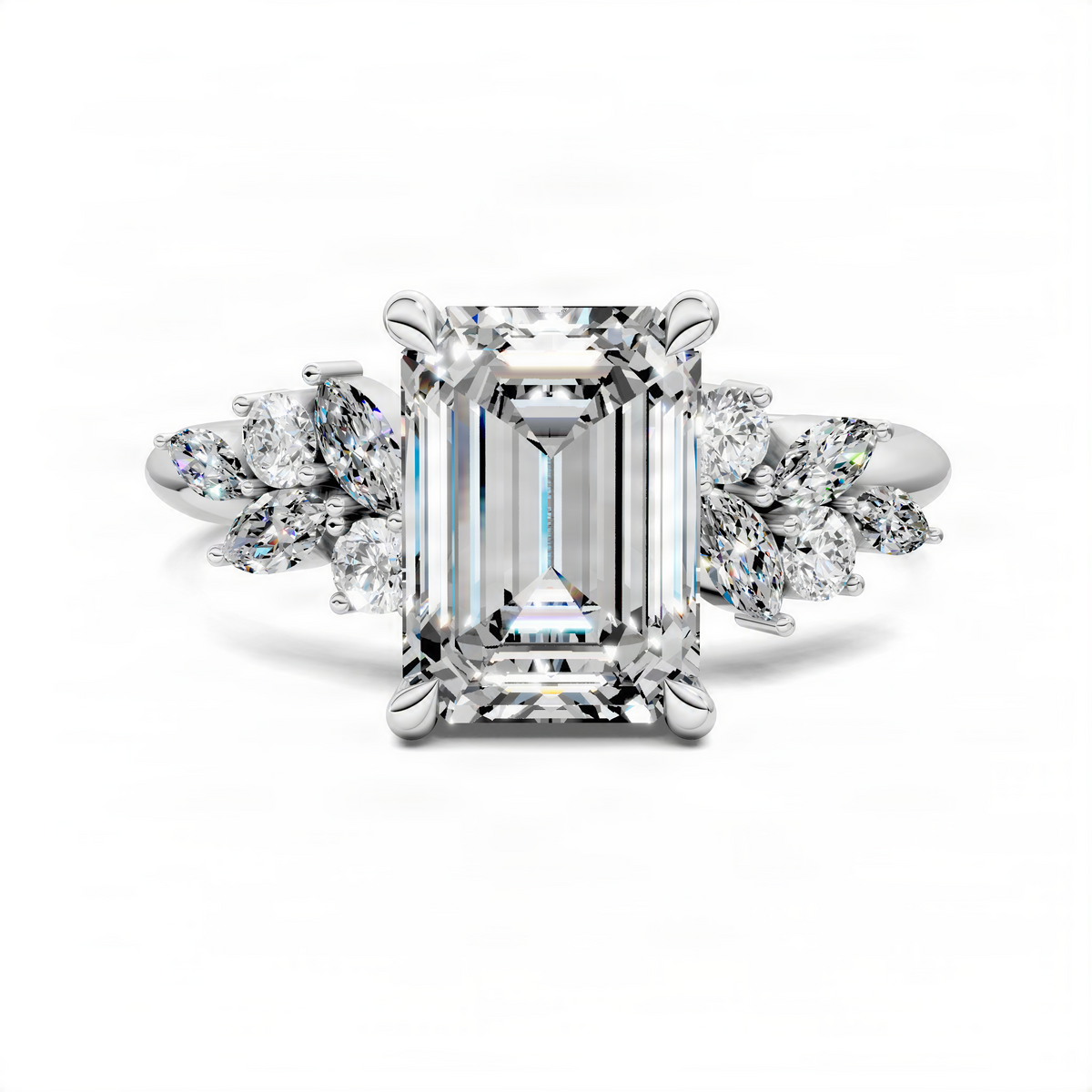 Emerald-cut center stone engagement ring with floral cluster side stones, silver-toned