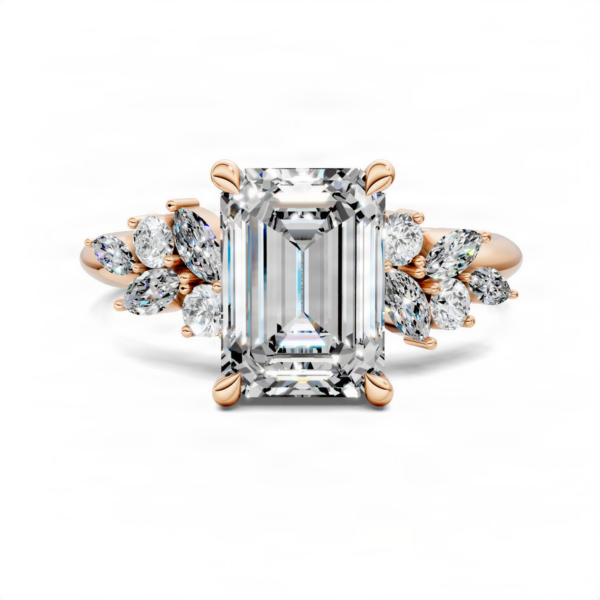 Rose gold emerald-cut diamond cluster ring with floral halo and marquise side stones