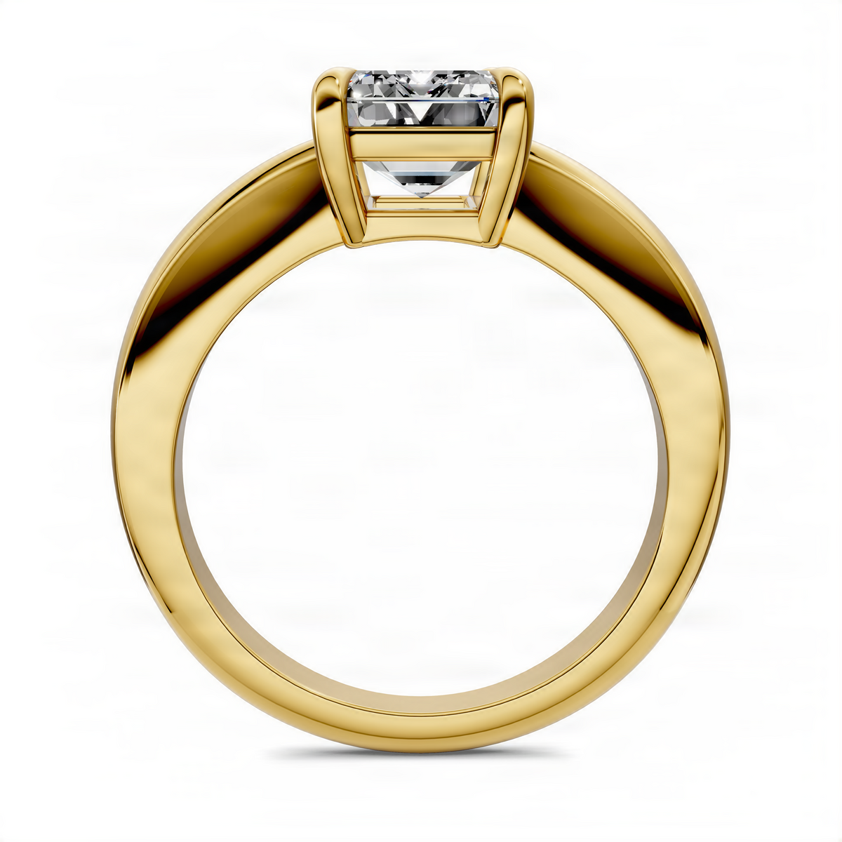 Yellow gold solitaire ring with emerald-cut center stone, front view