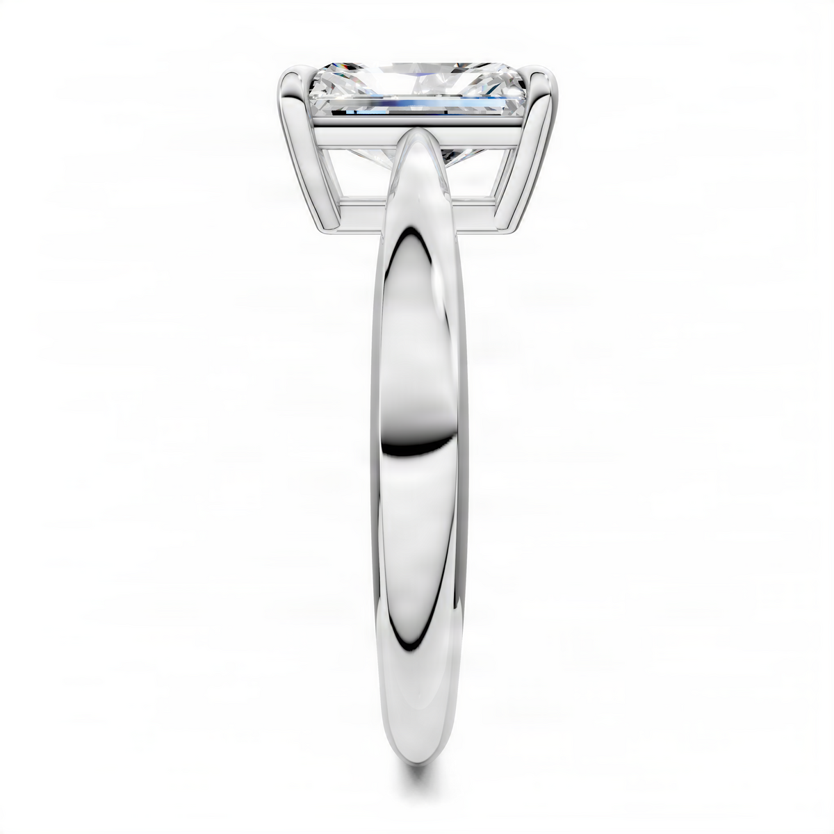 Platinum solitaire engagement ring with radiant square-cut diamond, narrow band profile