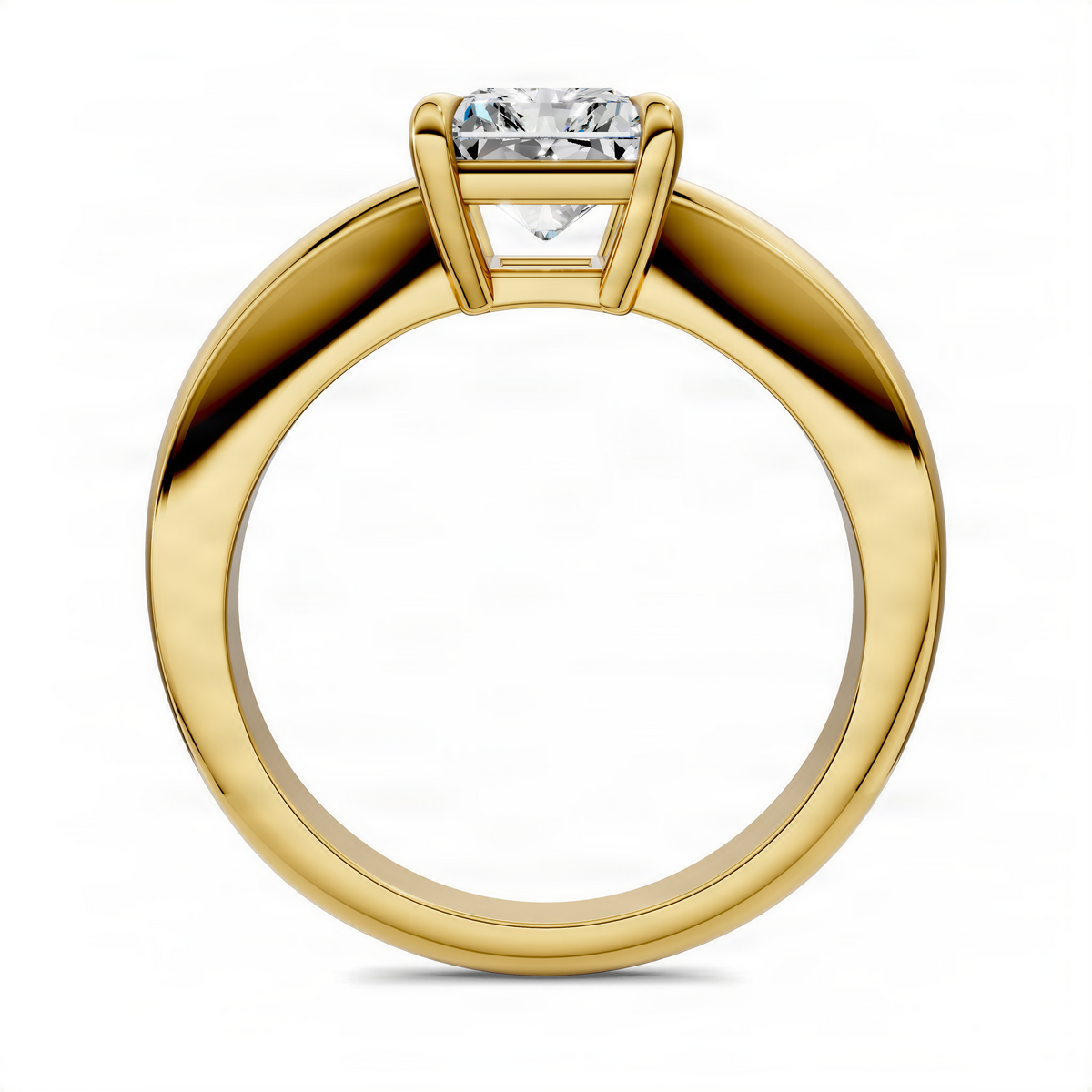 Yellow gold solitaire engagement ring with radiant square-cut diamond, circular band
