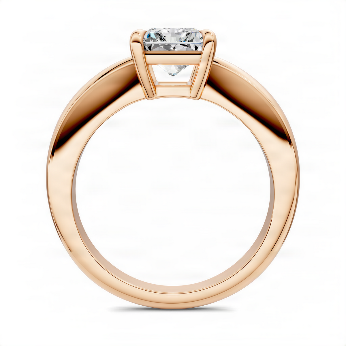 Rose gold solitaire engagement ring with radiant square-cut diamond center