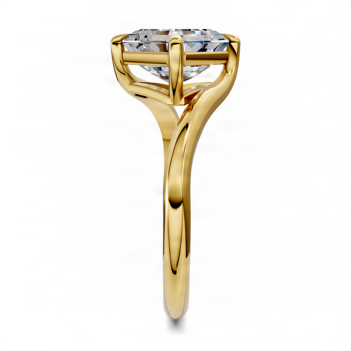 Yellow gold Asscher bypass solitaire ring with square halo prongs and side accents