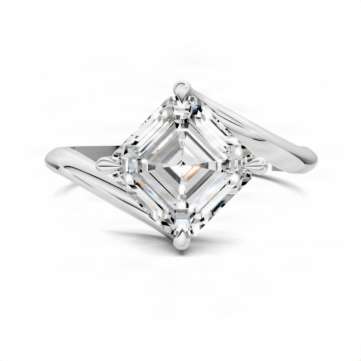 Platinum Asscher bypass solitaire ring with square center stone and open bypass setting