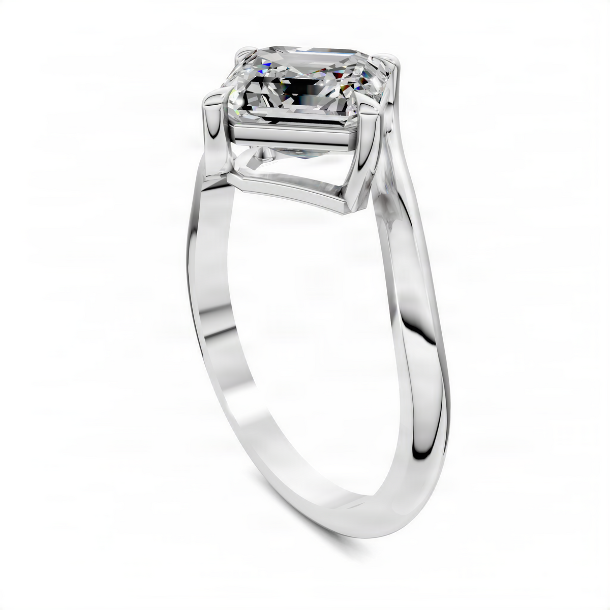 Platinum Asscher bypass solitaire ring with square center stone and polished band