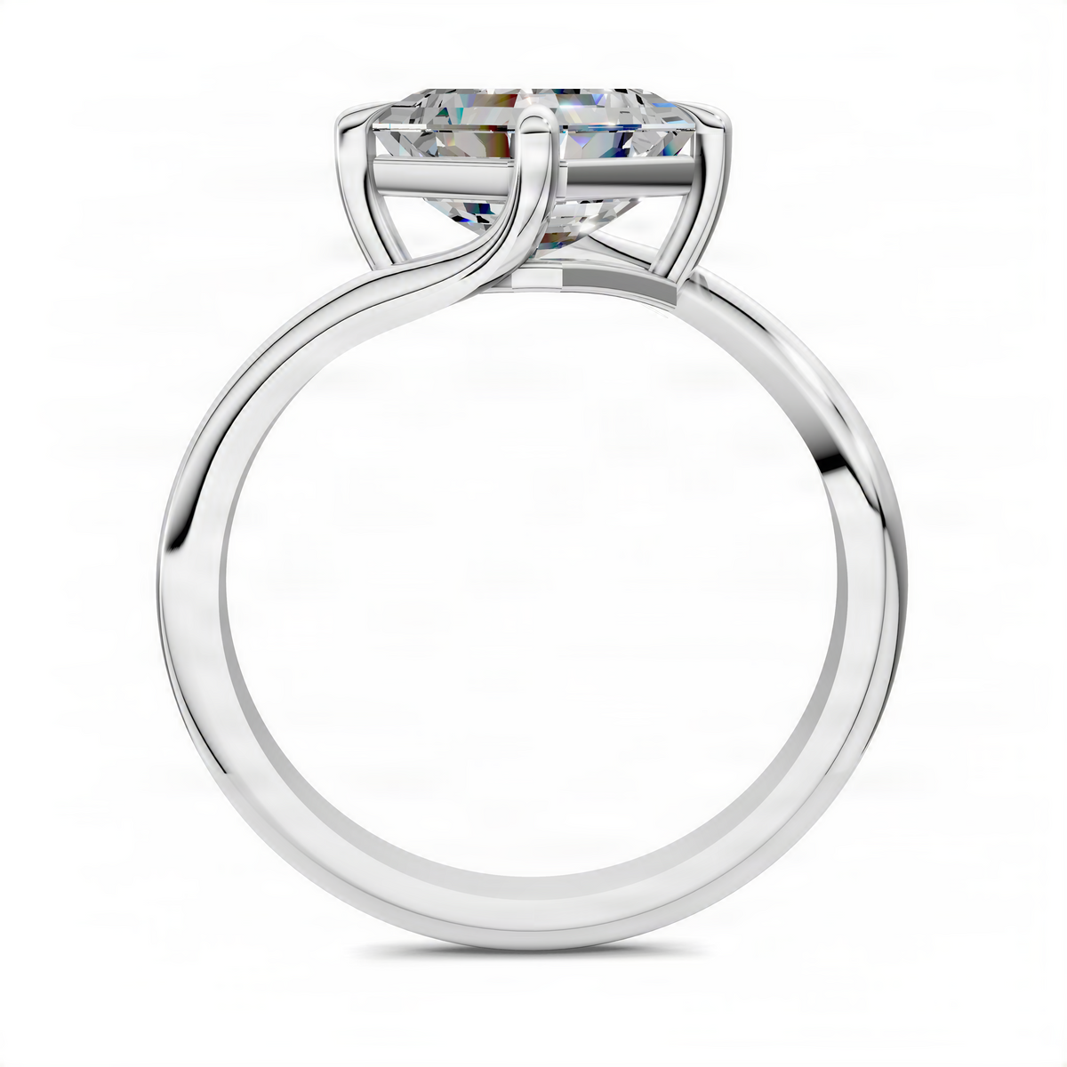 Platinum Asscher bypass solitaire ring, top view with square center stone prongs