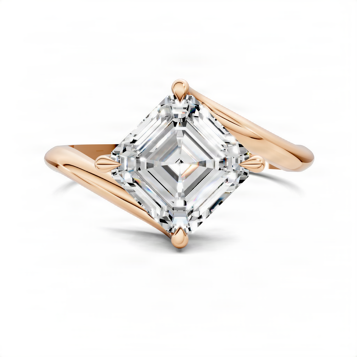 Rose gold Asscher bypass solitaire ring with square center stone and sleek band