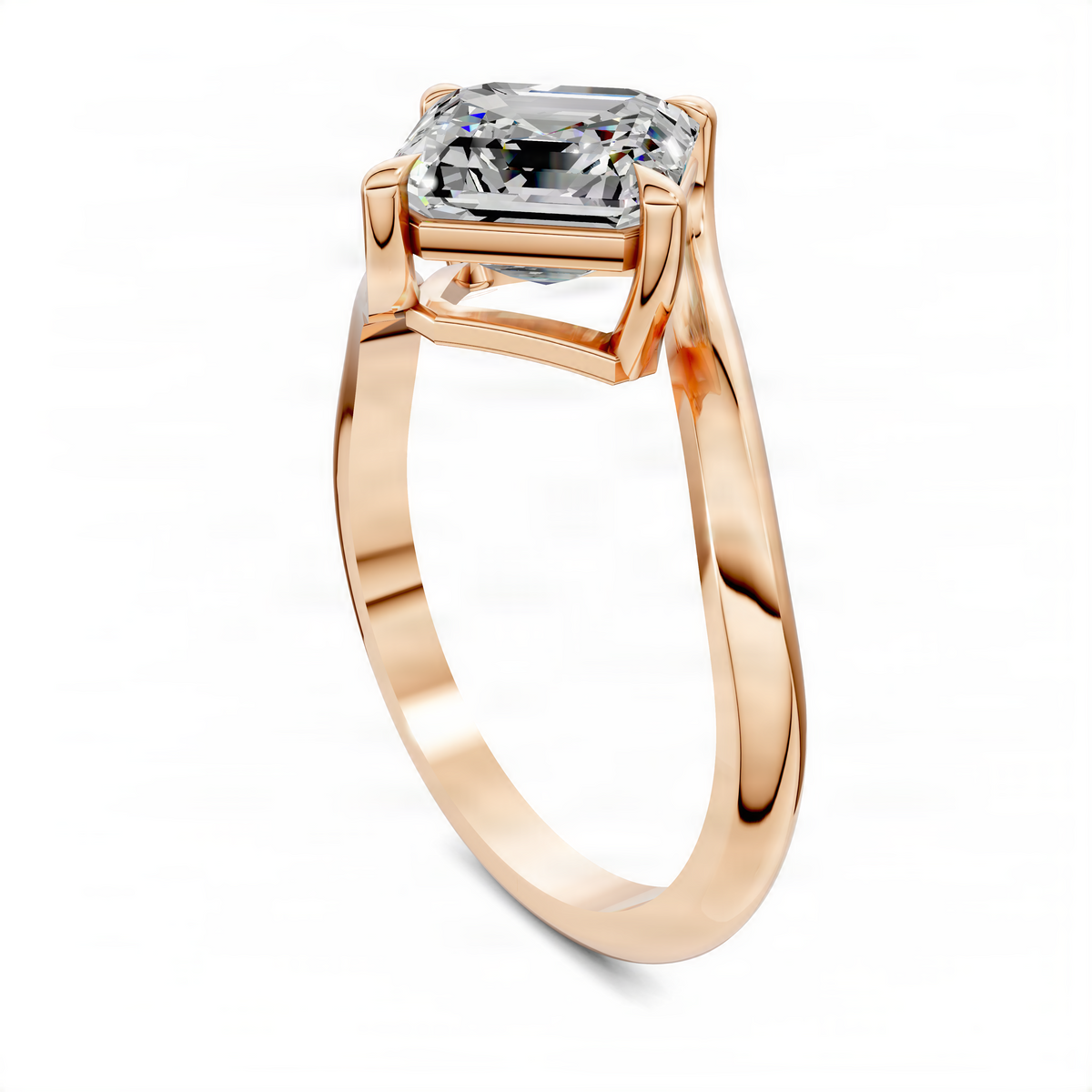 Rose gold Asscher bypass solitaire ring with square center stone in geometric setting