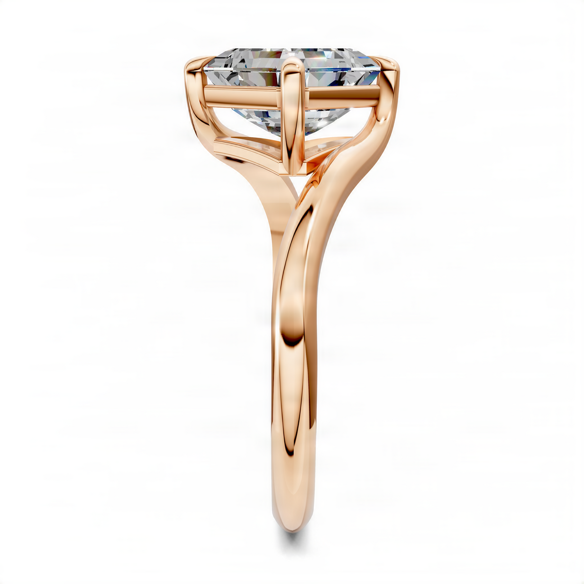 Rose gold bypass solitaire ring with Asscher-cut center stone, split prong setting