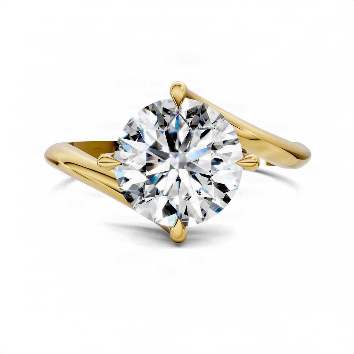 Yellow gold round bypass solitaire ring with large round diamond center