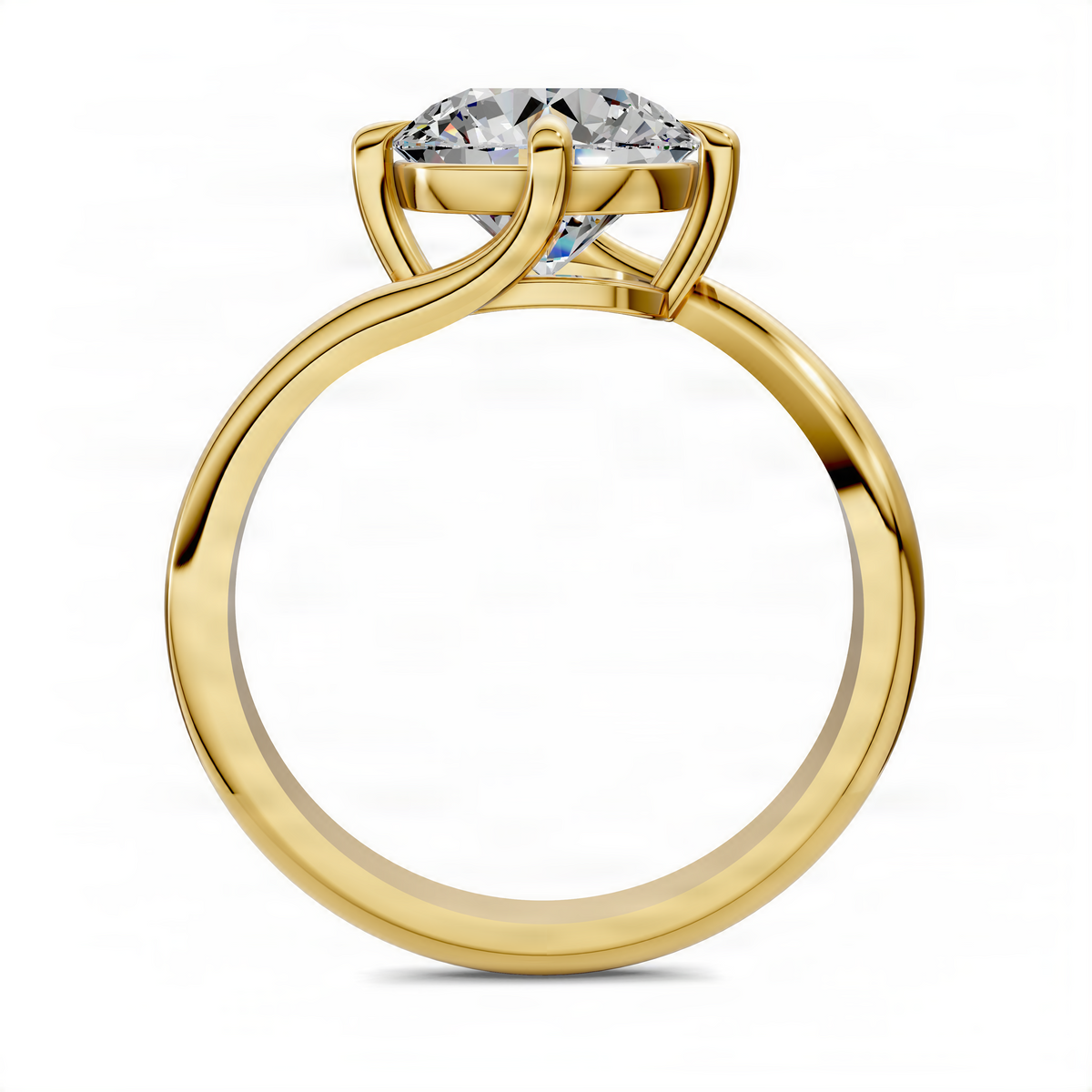 Yellow gold round bypass solitaire ring, front view of round diamond center