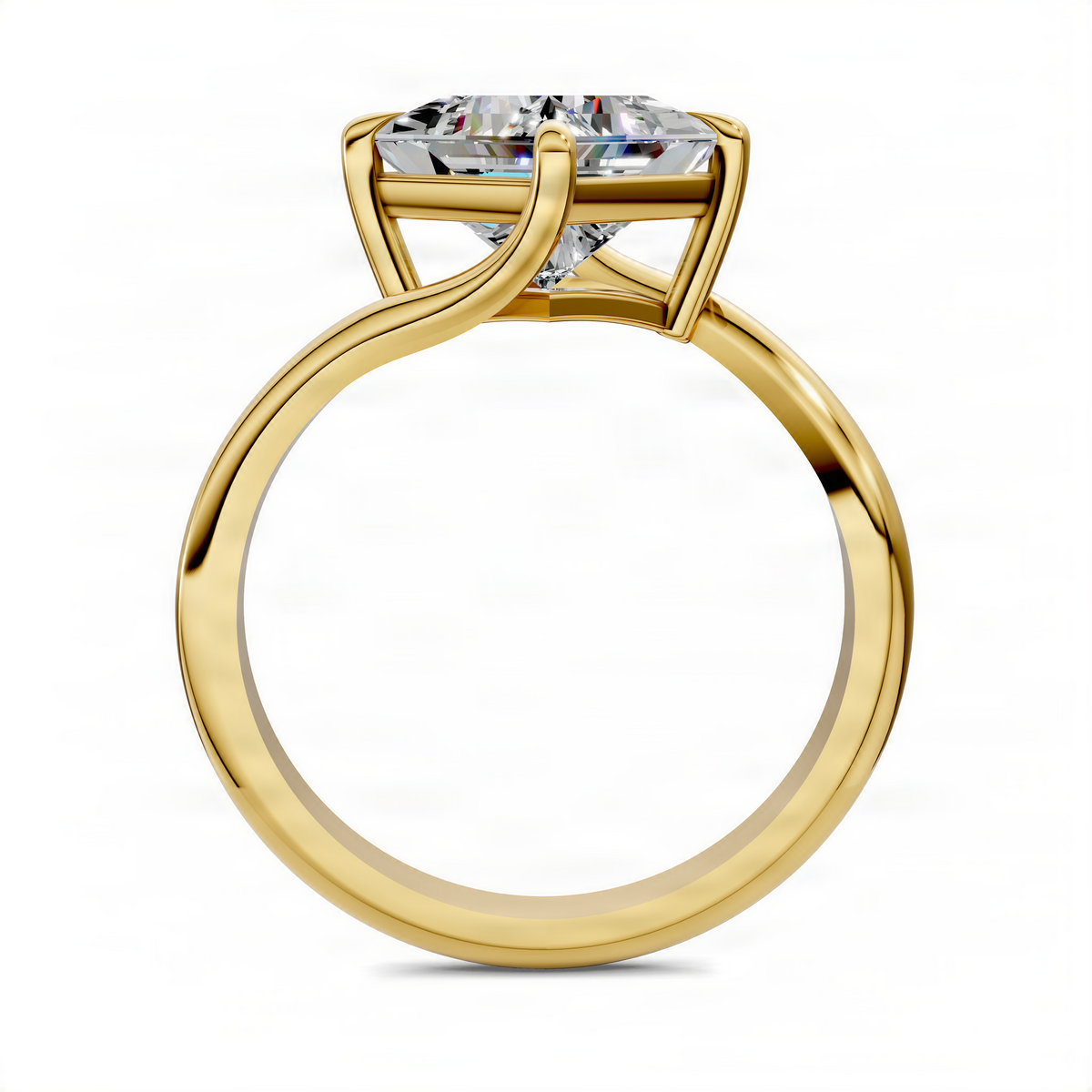 Yellow gold bypass solitaire ring, square prong-set center stone on open band