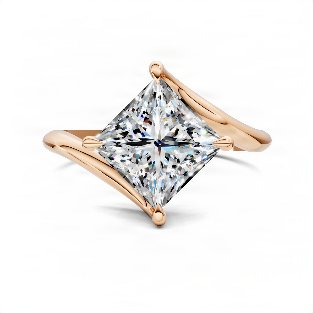 Rose gold princess bypass solitaire ring, square cushion center stone