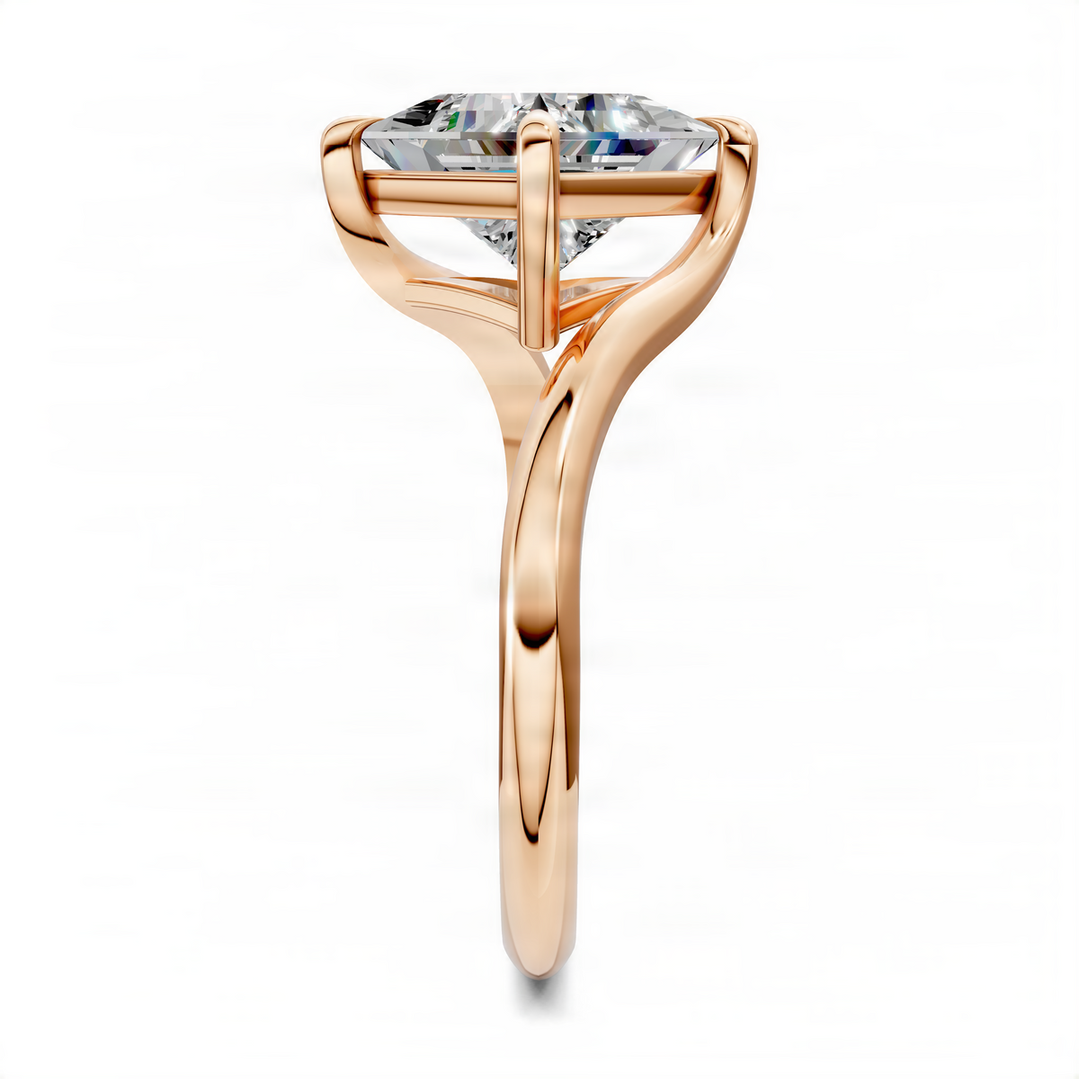 Rose gold bypass solitaire ring, upright prong-set square center stone