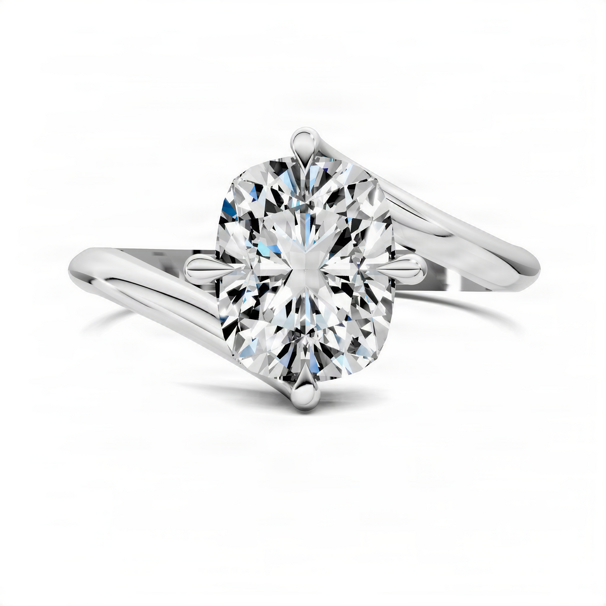 Cushion bypass solitaire ring with round center diamond and polished white metal band