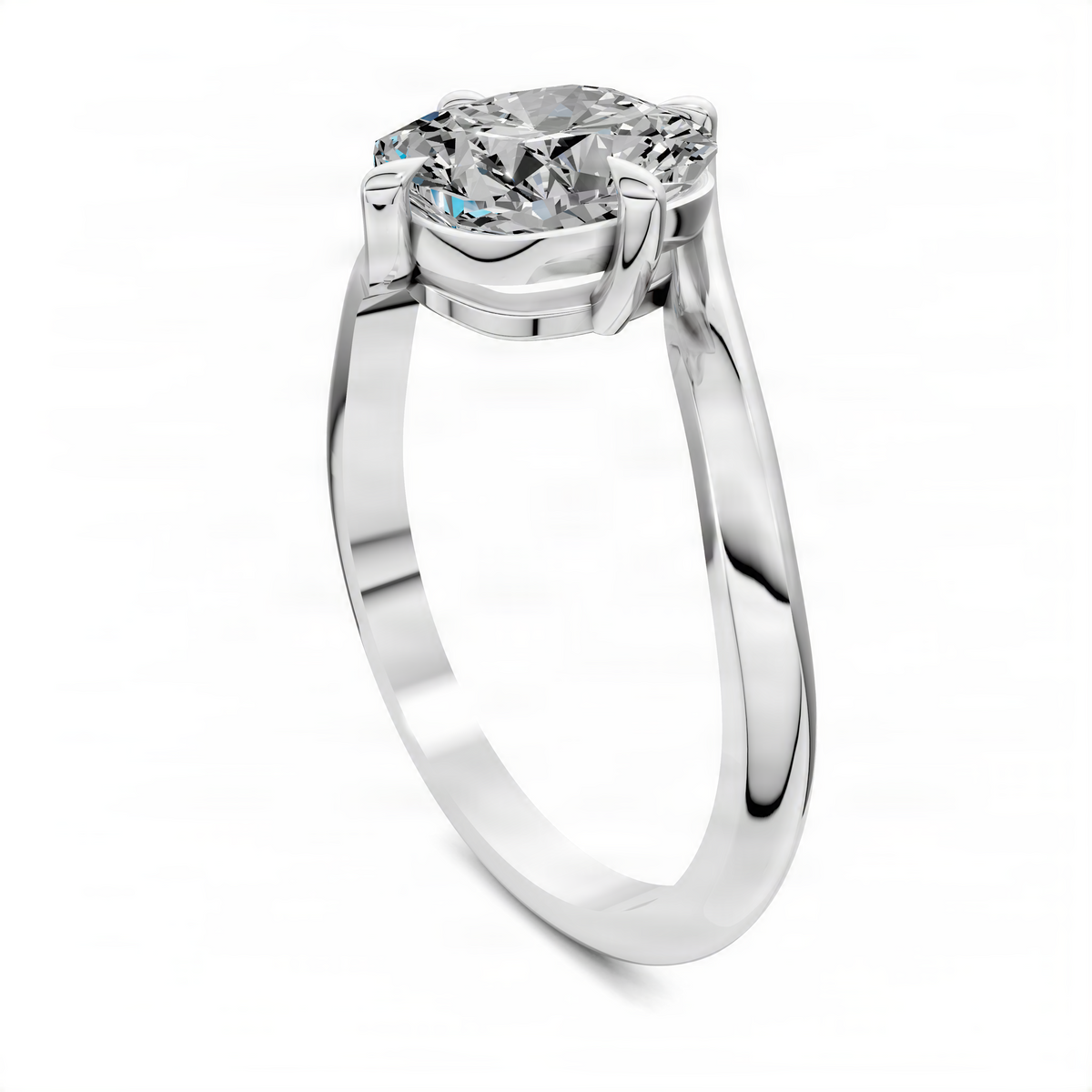 Cushion bypass solitaire ring viewed from side, round center diamond in white metal