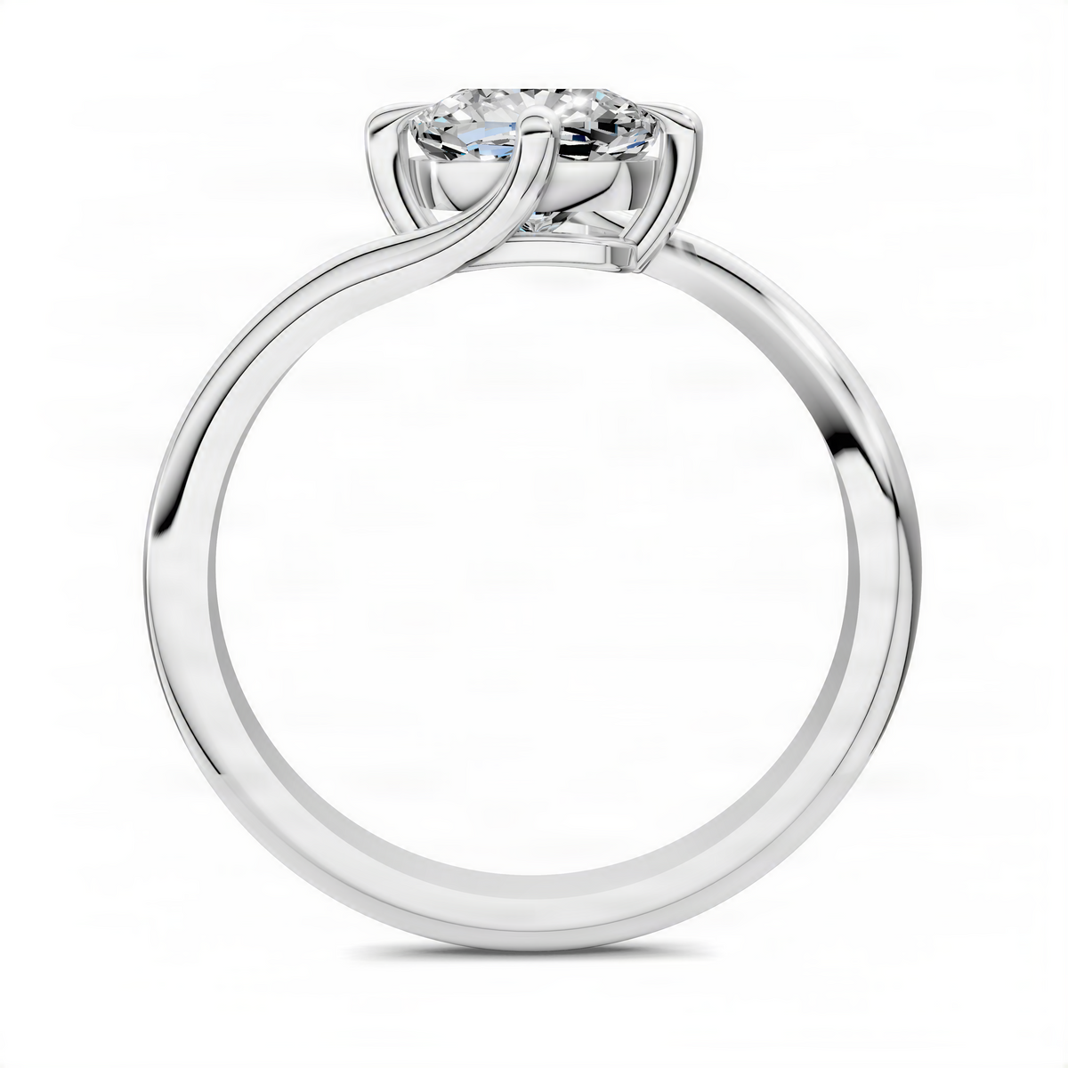 Cushion bypass solitaire ring on slim band with round center diamond, white metal