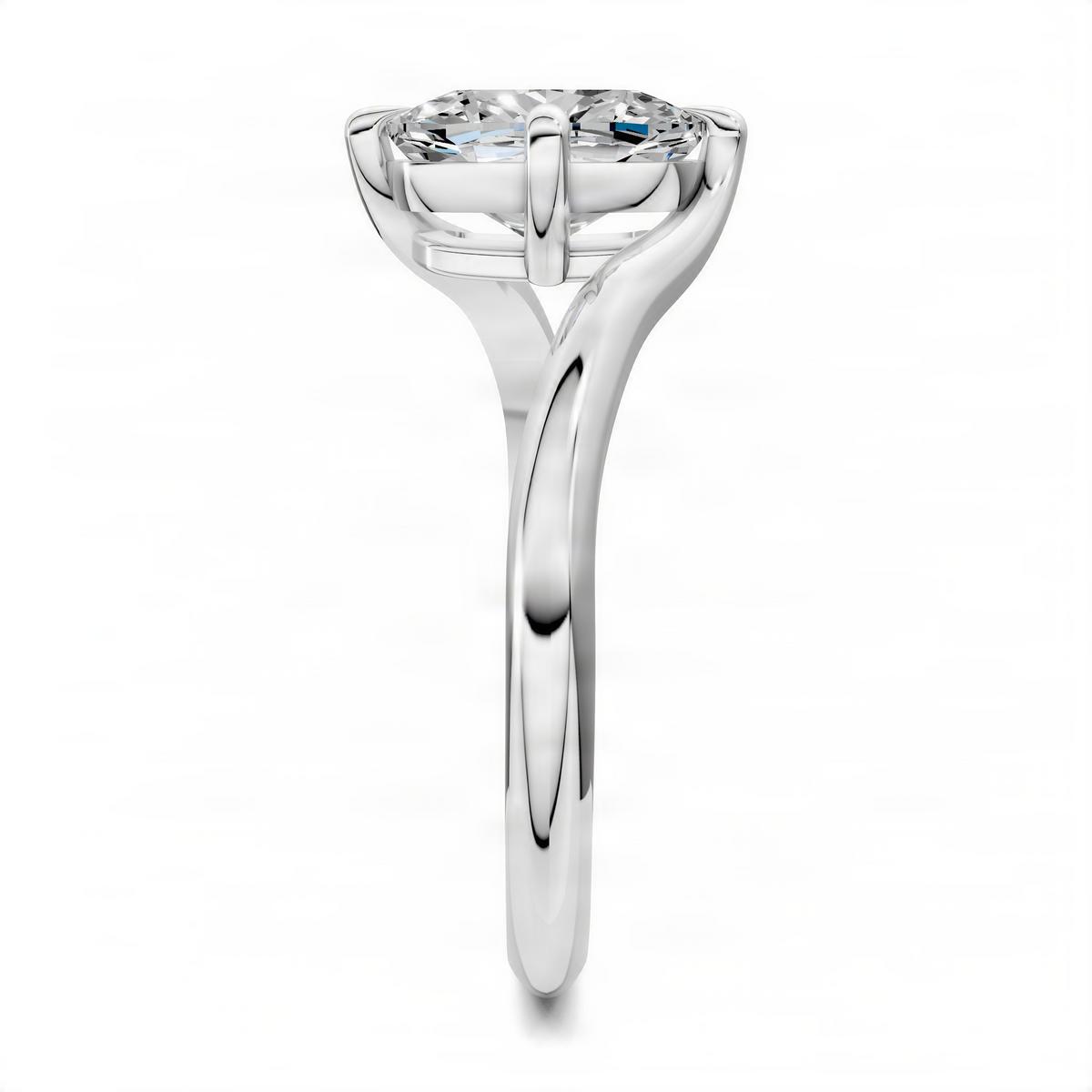 Cushion bypass solitaire ring front view, round center diamond set in white metal