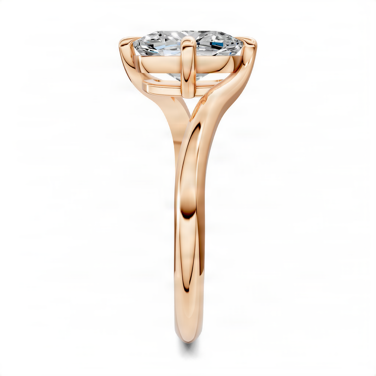 Rose gold bypass solitaire ring with round center stone, prong-set in cushion setting