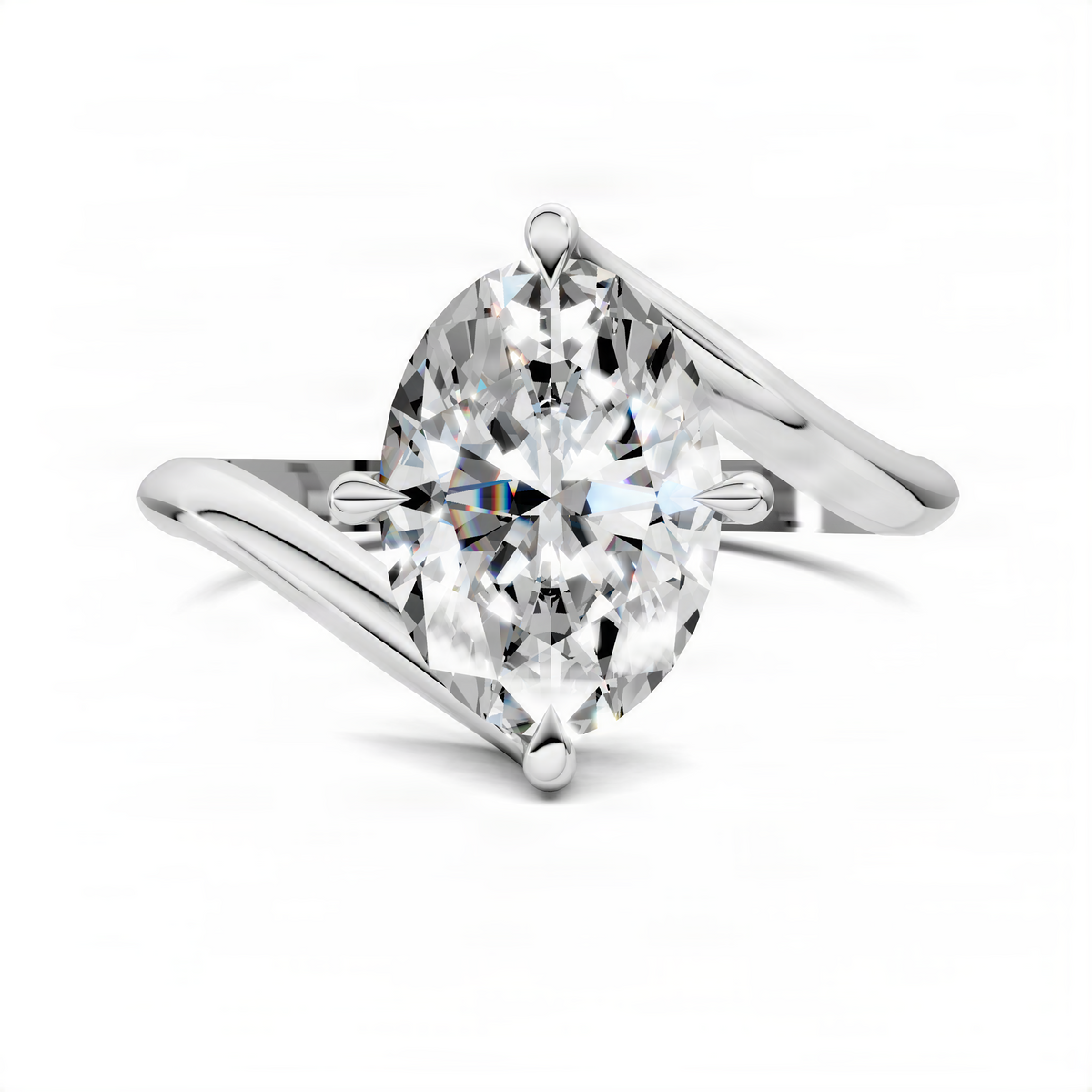 Oval bypass solitaire ring in platinum with a large oval diamond-like center stone