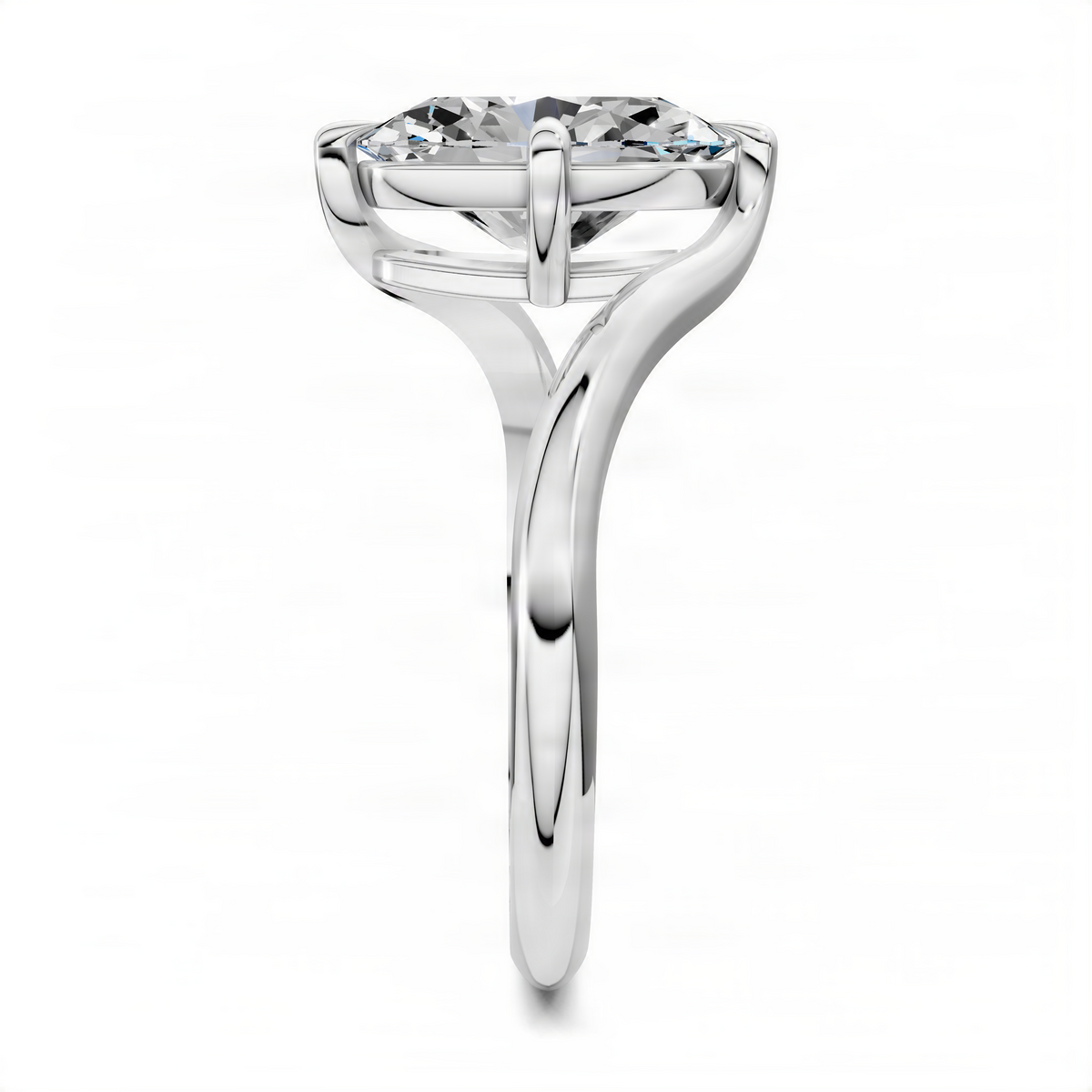 Oval bypass solitaire ring in platinum with prongs and bypass band around the oval center stone