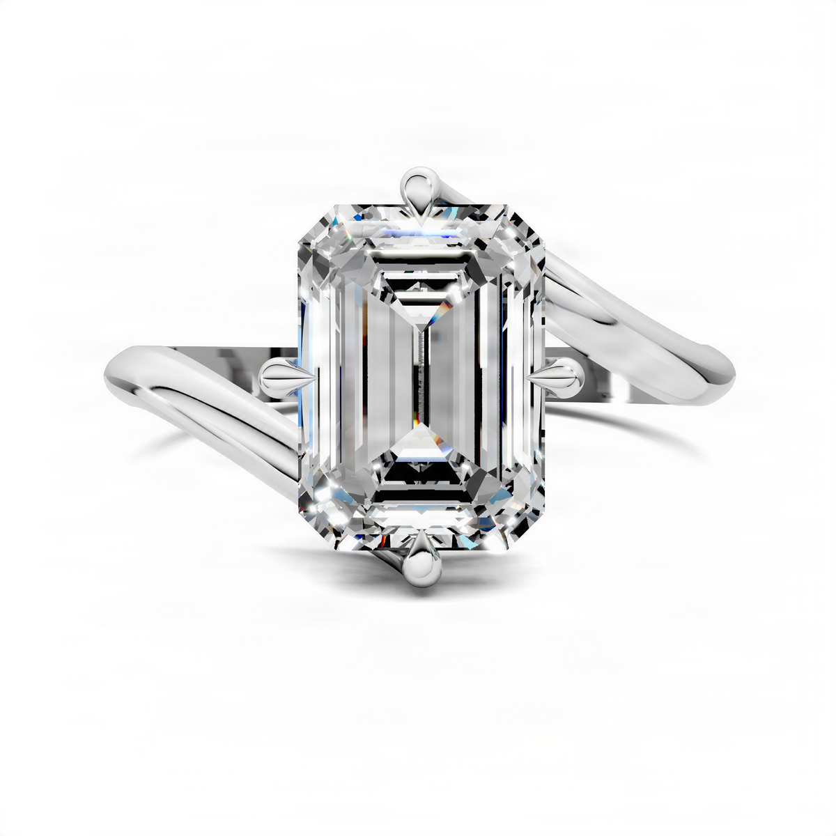 White metal bypass solitaire ring with emerald-cut diamond center stone and raised prongs