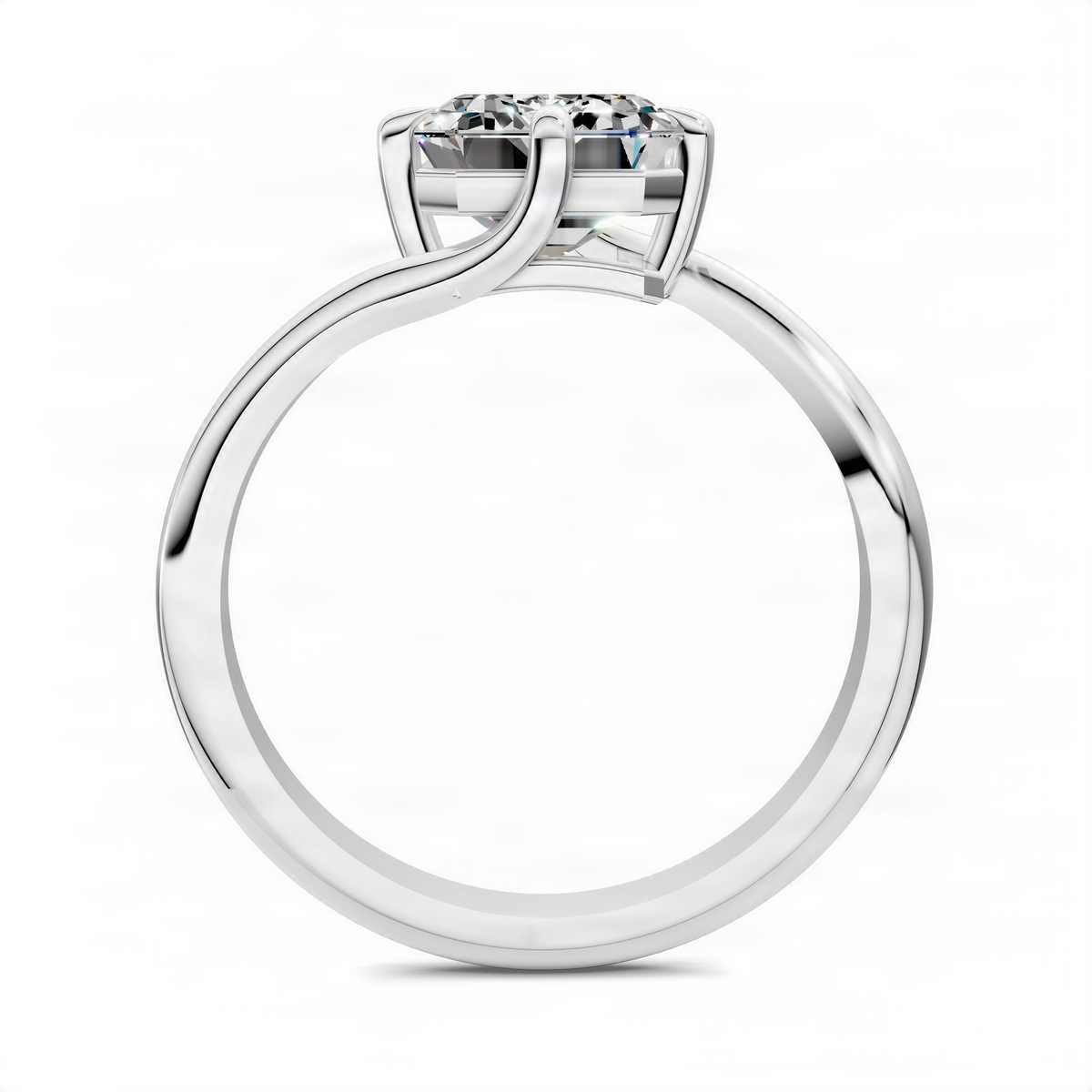 White metal bypass solitaire ring, side view with emerald-cut diamond center stone